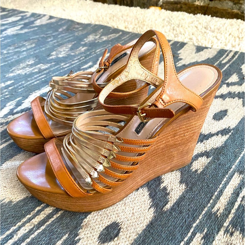 French Connection Gold and Tan Wedges